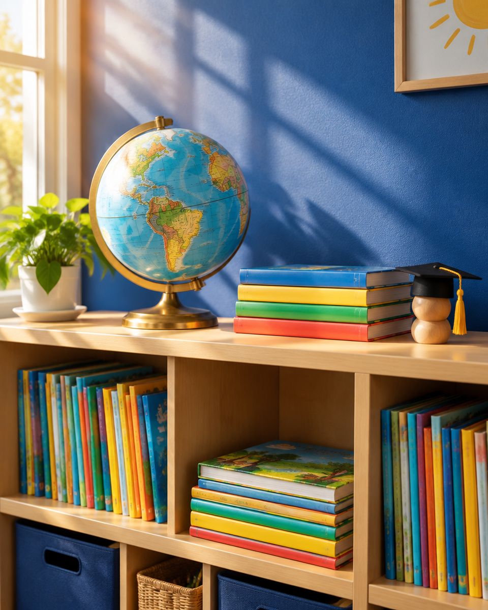 A globe and stacks of books on a shelf in golden sunlight