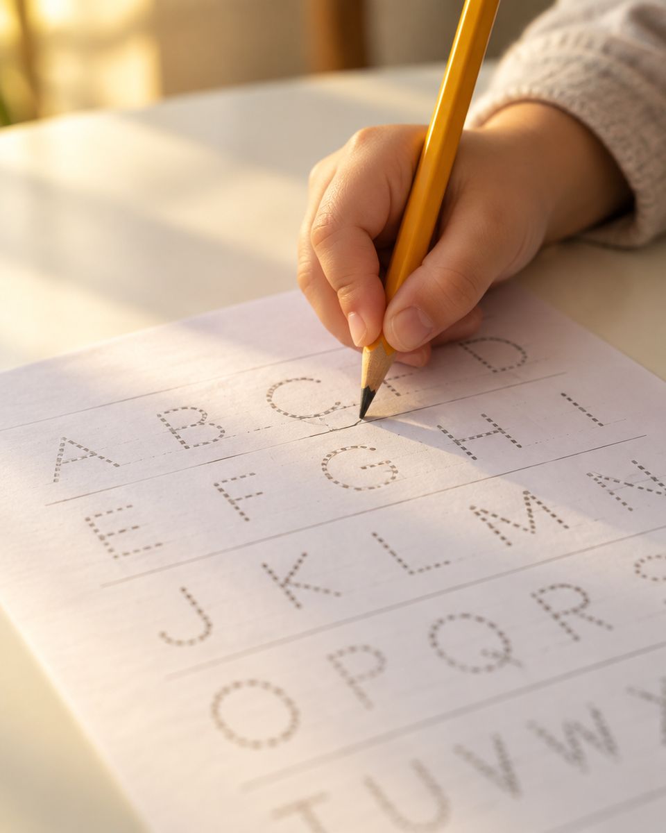 A child's hand tracing alphabet letters with a pencil
